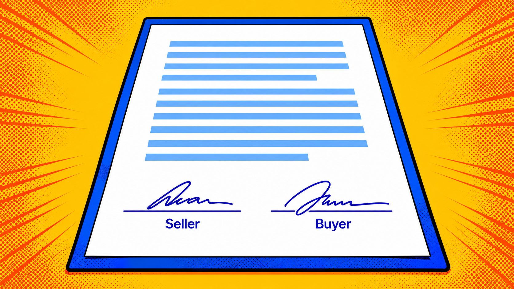 Pop-art illustration of a real estate purchase agreement signed by the seller and buyer.